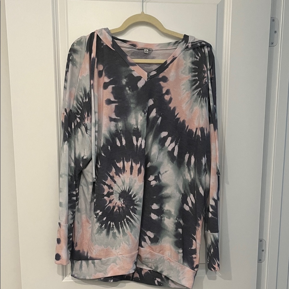 white birch Spiral Tie-Dye V-Neck Hoodie in Pink, Gray & Black